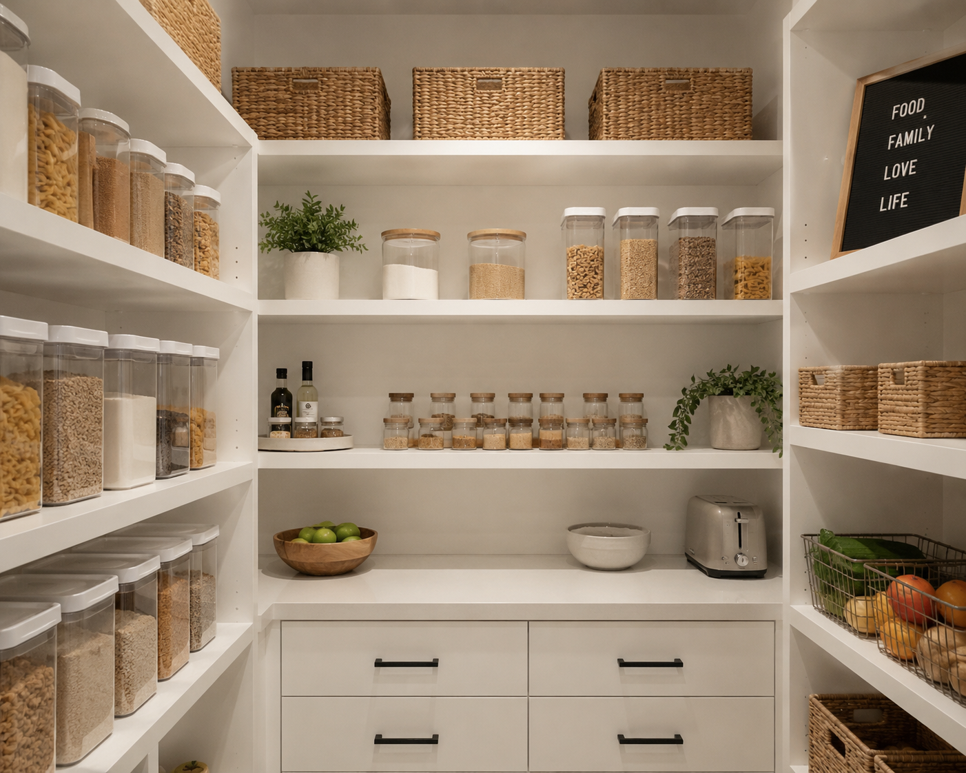 Beautifully organised linen closet with sage and cream textiles in woven baskets
