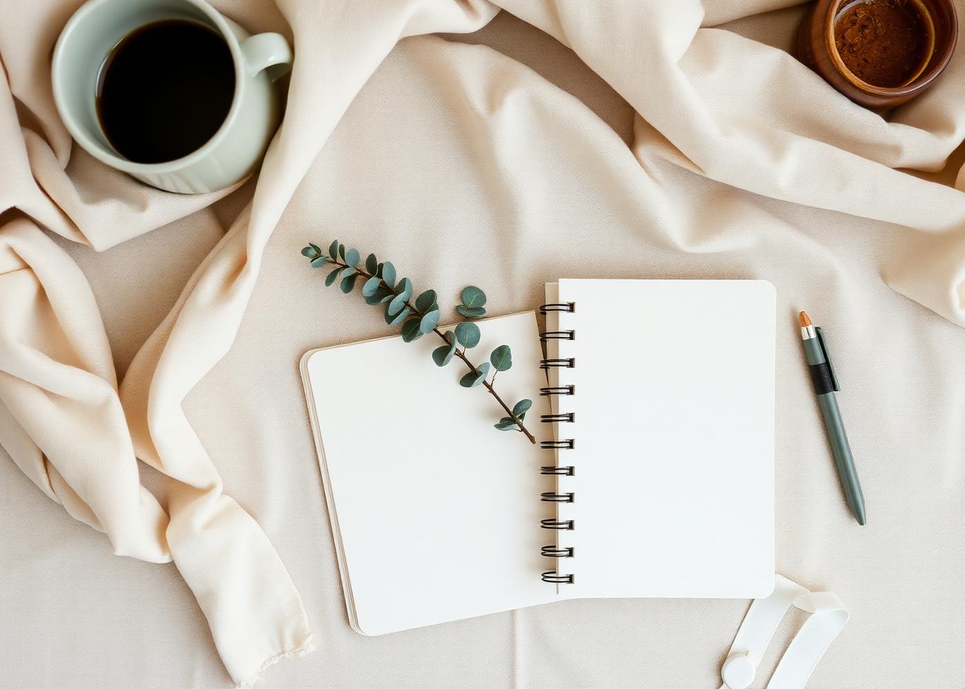 Open notebook with eucalyptus and sage mug on cream linen